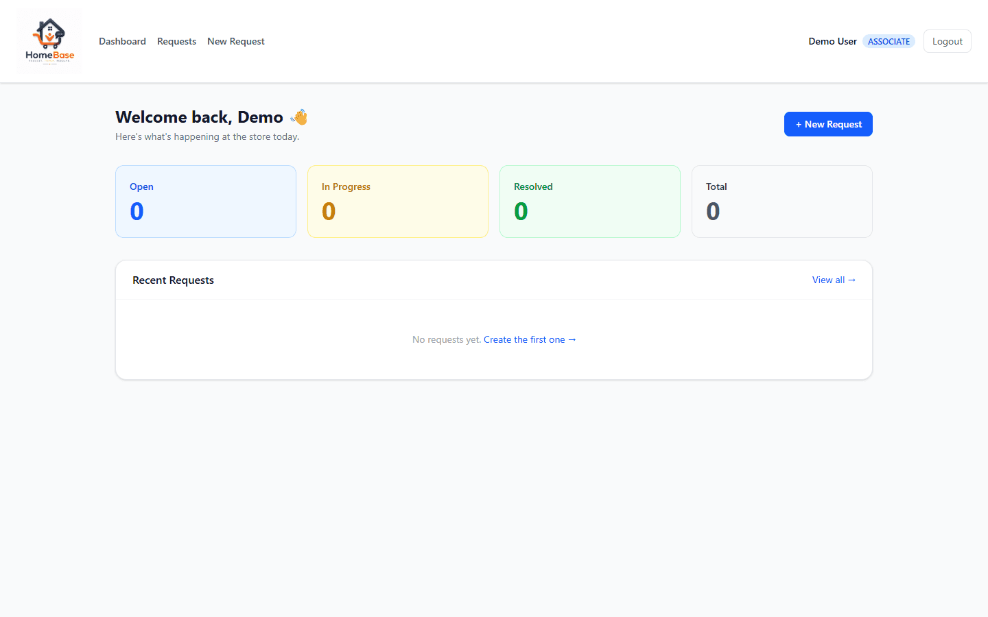 HomeBase dashboard showing open, in-progress, resolved, and total request counts alongside a recent requests panel
