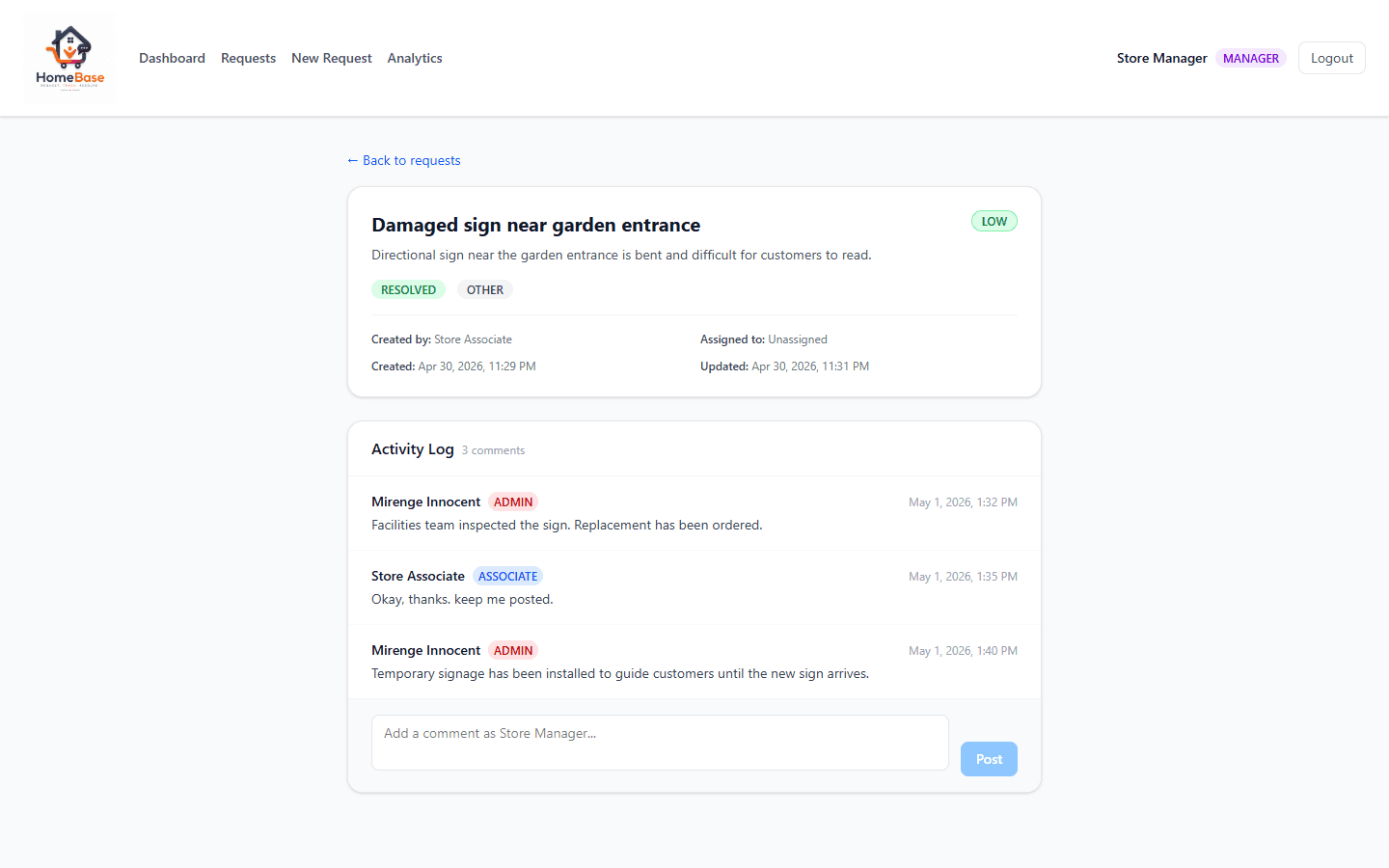 HomeBase request detail page with status metadata, assignment information, comments, and history
